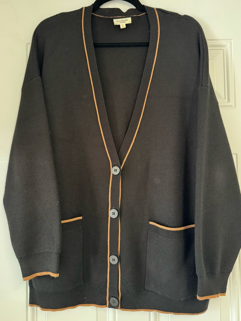 Oversized Max Studio Black Knit Sweater with Tan Letterman Style Sweater Detail